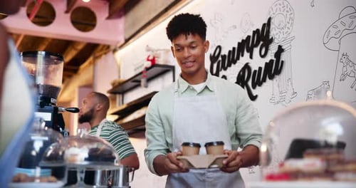 Takeaway, order and barista with coffee cup for customer in cafe, service