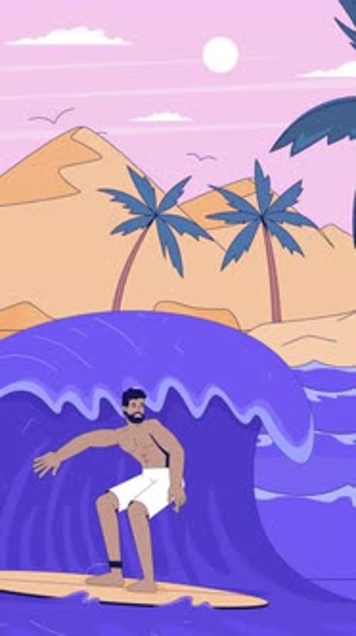 Black male surfer riding big ocean wave near tropical beach lofi vertical animation
