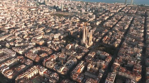 Aerial View of Barcelona City Skyline and Sagrada Familia Cathedral