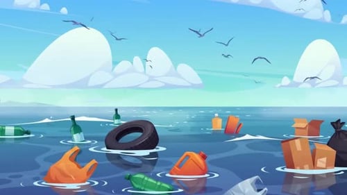 Plastic Waste, Garbage Bags, Bottles & Tires Floating in Ocean - Environmental Pollution
