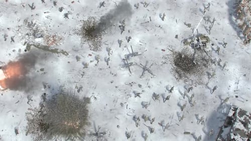 Aerial Winter Battle Scene with Soldiers and Explosions
