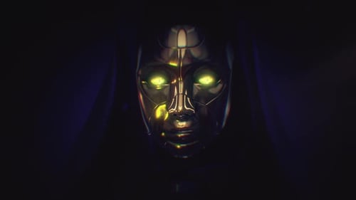 Blinzelnde Reptilienaugen mit Maske und Umhang