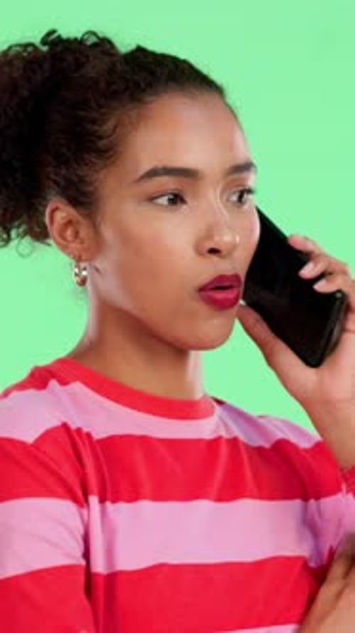 Phone call, communication and woman by green screen for networking, connection or gossip