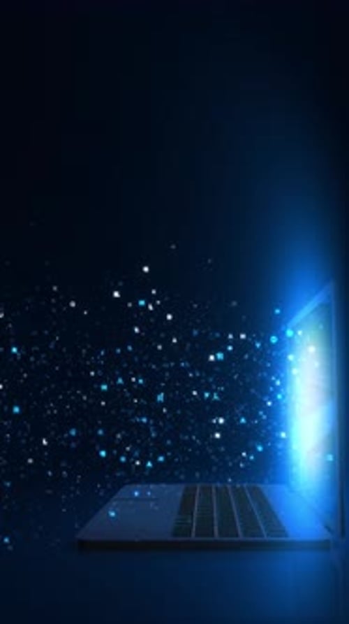Futuristic Laptop Emitting Glowing Blue Digital Data Particles