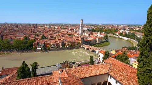 Panning view of Verona and Adige River in Italy from Castel San Pietro. Tourist destination with the