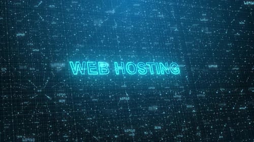 Web Hosting Text on Futuristic Cyberspace Background. 3D Grid and Binary Numbers.