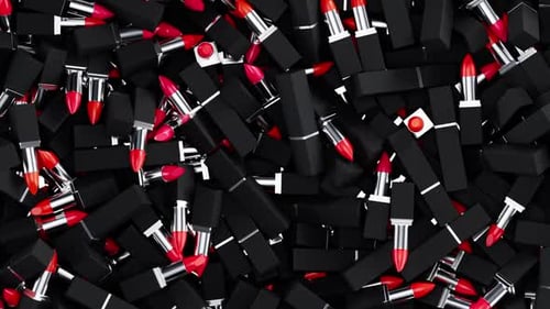 Rotieren Sie über eine Charge geöffneter und geschlossener roter Lippenstifte in schwarzen Tuben mit glänzenden metallischen Teilen