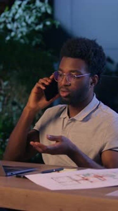 African American Business Man Architect Designer Talk Mobile Phone in Office Businessman Overwork