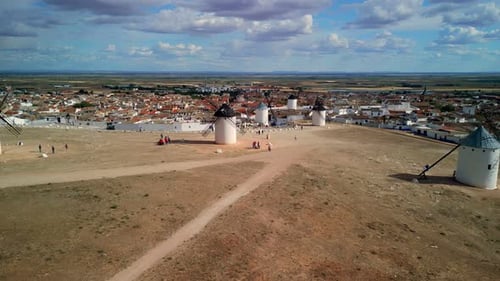 Aerial Shot Of Famous Quixote Windmills In Spain