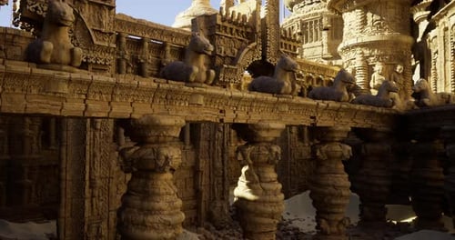 Ancient Architecture Showcasing Intricately Carved Horses in a Historic Temple