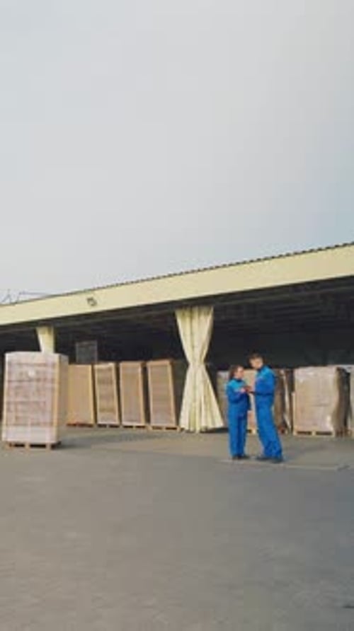 Cardboard Industry Packing Factory Warehouse Workers Talking Forklift Loads Finished Packaging