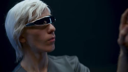Vr Goggles Man Analyzing Innovation Data with Cyberspace. Blonde Guy Glasses Taking