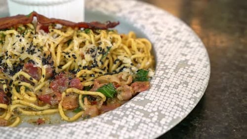 Noodle Dish with Bacon and Cheese Close-Up
