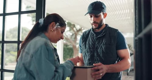 Woman, box or tablet with delivery for signature, package confirmation or door order in home