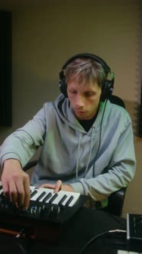 Music Producer Creating Beat with Midi Keyboard