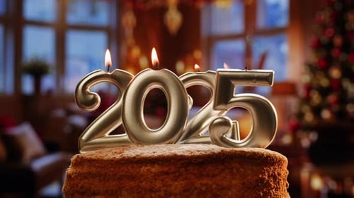 Cake with Happy New Year 2025 Candles on Chroma Key Green Screen Background
