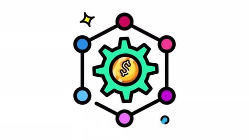 Animated Made in uk a gear with a dollar sign inside connected to six circles symbolizes