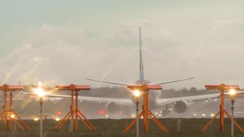 Jet Airliner Preparing for Takeoff on Wet Runway While Engines Spooling in Low Visibility Passenger