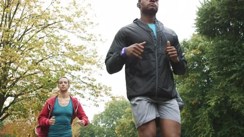 4k video footage of a group of young friends jogging together through the park