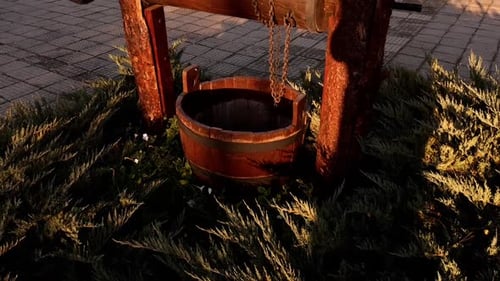 Artificial wooden well. Exterior decoration.