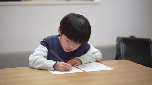 Young Boy Concentrating on Writing at Table
