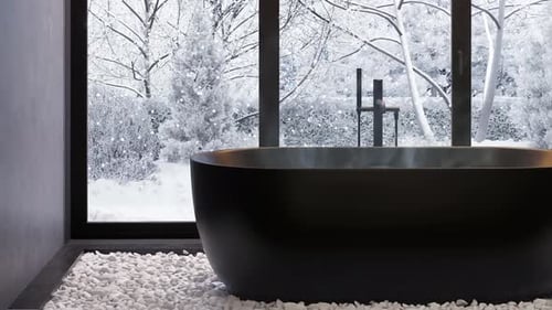 Snow Falling Outside Window with Steaming Bathtub
