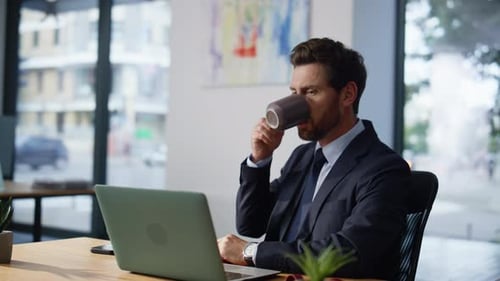 Focused Manager Looking Computer Screen Workplace Closeup Man Making Coffee Sip