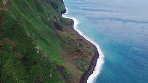 Seaside Landscape Imagery Skyhigh View of Lively Beach and Lush Cliffs