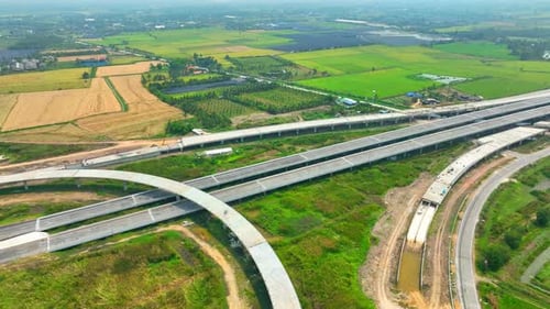 Motorways road construction site from drone aerial view