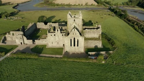 Aerial view, tilt down, Dunbrody Abbey is a former Cistercian monastery in County Wexford, Ireland.