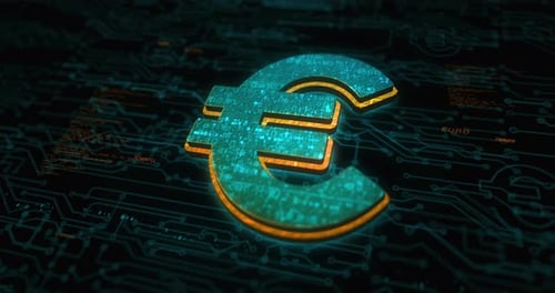 Futuristic Digital Euro Symbol Over Technology Circuitry