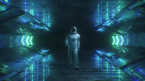 Astronaut Walking In Sci Fi Neon Glowing Futuristic Tunnel Backdrop