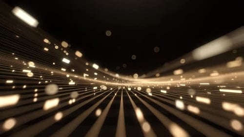 3D-Rendering, Linien und Lichter bewegen sich durch einen dunklen Raum und erzeugen ein Gefühl von Tiefe und Bewegung.