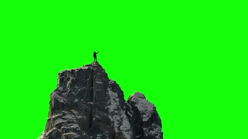 Adventure Man Hiker Standing on Top of Mountain Peak Composite Cutout with Green Screen
