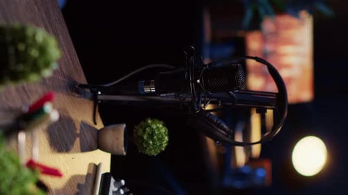 Vertical Video Panning Shot of Desk in Home Production Studio with Podcast Equipment Technology