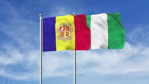 Andorra and Nigeria National Flags Waving in Blue Sky
