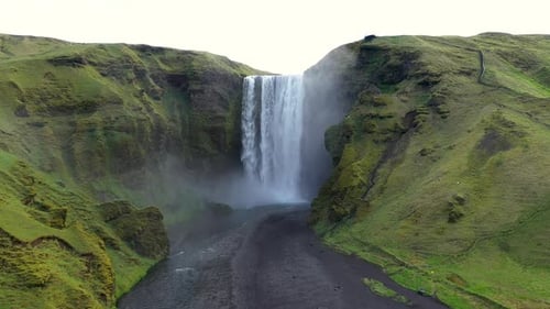 4k Aerial Slow Motion View of Epic Waterfall, Skogafoss Waterfall, Iceland