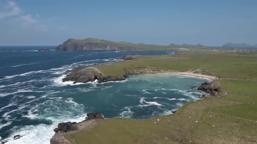 Aerial flyover of a beach in County Kerry, Ireland, during the summer