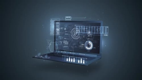 Futuristic Laptop with Animated Holographic Data Interface