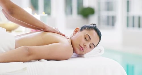 Back massage, masseuse hands and beauty salon woman, patient or hotel client for wellness spine