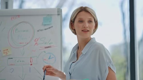 Positive Mentor Pointing Flip Chart Office Seminar Closeup Coach Presentation