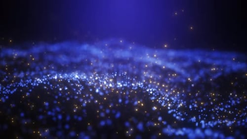 Ondas de energía brillantes azules abstractas a partir de partículas y puntos mágicos con efecto borroso en la oscuridad