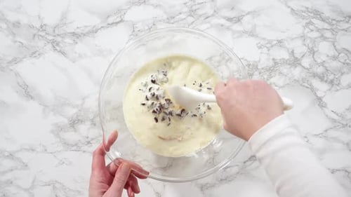 Flat Lay Preparing Chocolate Ganache in a Glass Mixing Bowl