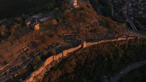 Aerial view of tsarevets fortress at sunset, Bulgaria.