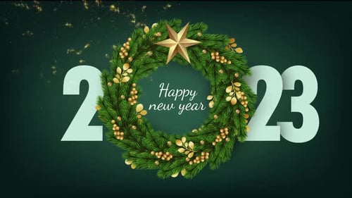 Green Merry Christmas . Happy New Year Greeting Card 2023
