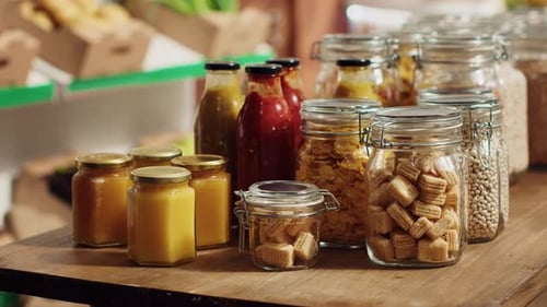 Glass Jars with Honey, Cereals, and Sauces Display