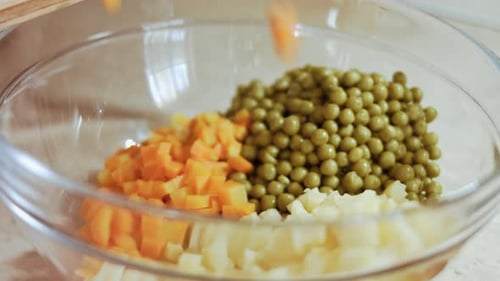 Ingredients for Russian Traditional Salad Olivier with Vegetables and Meat