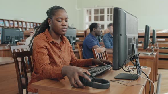 Black Student Using Computer In College Library, Education Stock ...