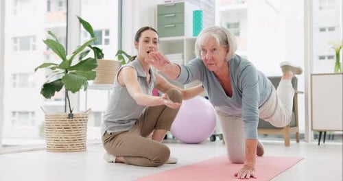 Physical therapy, healthcare and senior woman doing a exercise for wellness or recovery at a clinic