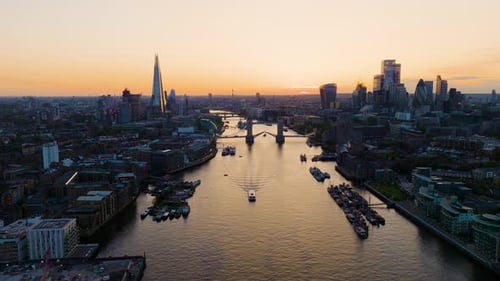 Aerial drone view showcasing the famous London skyline with many famous buildings and landmarks